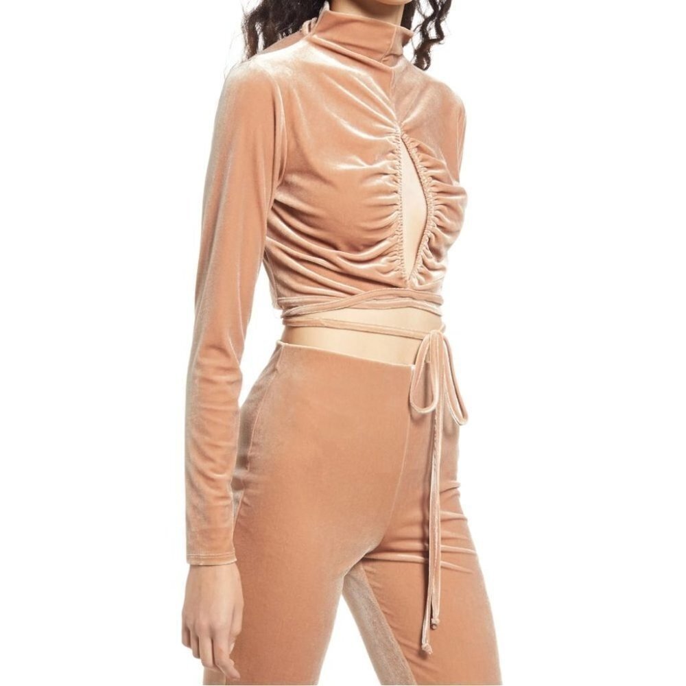 NEW Open Edit Tan Mocha Velvet Long Sleeved Ruched Cut Out Crop Top Size S